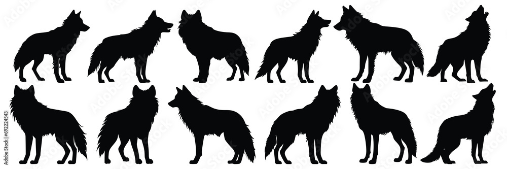 Wolf silhouettes set, large pack of vector silhouette design, isolated white background