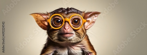 Studio portrait of a tarsier wearing glasses on a simple and colorful background. Creative animal concept, tarsier on a uniform background for design and advertising.