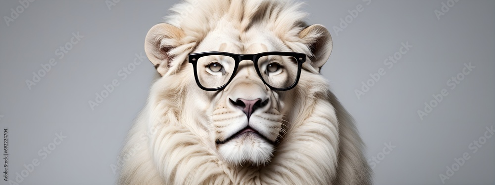 Studio portrait of a White Lion wearing glasses on a simple and colorful background. Creative animal concept, White Lion on a uniform background for design and advertising.