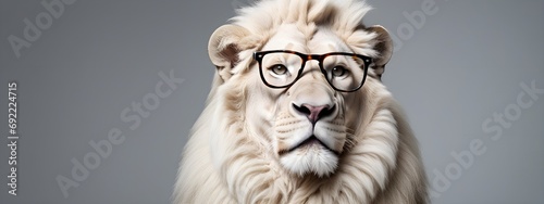 Studio portrait of a White Lion wearing glasses on a simple and colorful background. Creative animal concept, White Lion on a uniform background for design and advertising.