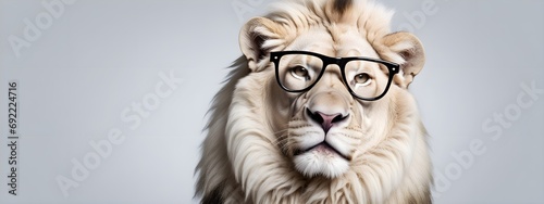 Studio portrait of a White Lion wearing glasses on a simple and colorful background. Creative animal concept, White Lion on a uniform background for design and advertising. © 360VP