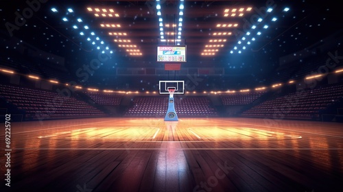 Basketball court with lighting. 3d rendering. photo