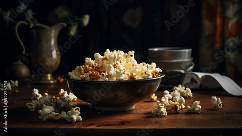 popcorn in bowl on table