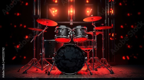 A Professional Rock Drum Kit With Striking Red Backlight In A Dark Room Background