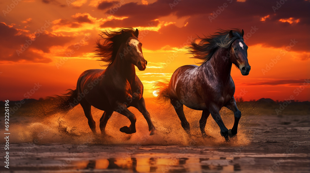 two horses on the water at sunset two horses on the water at sunset