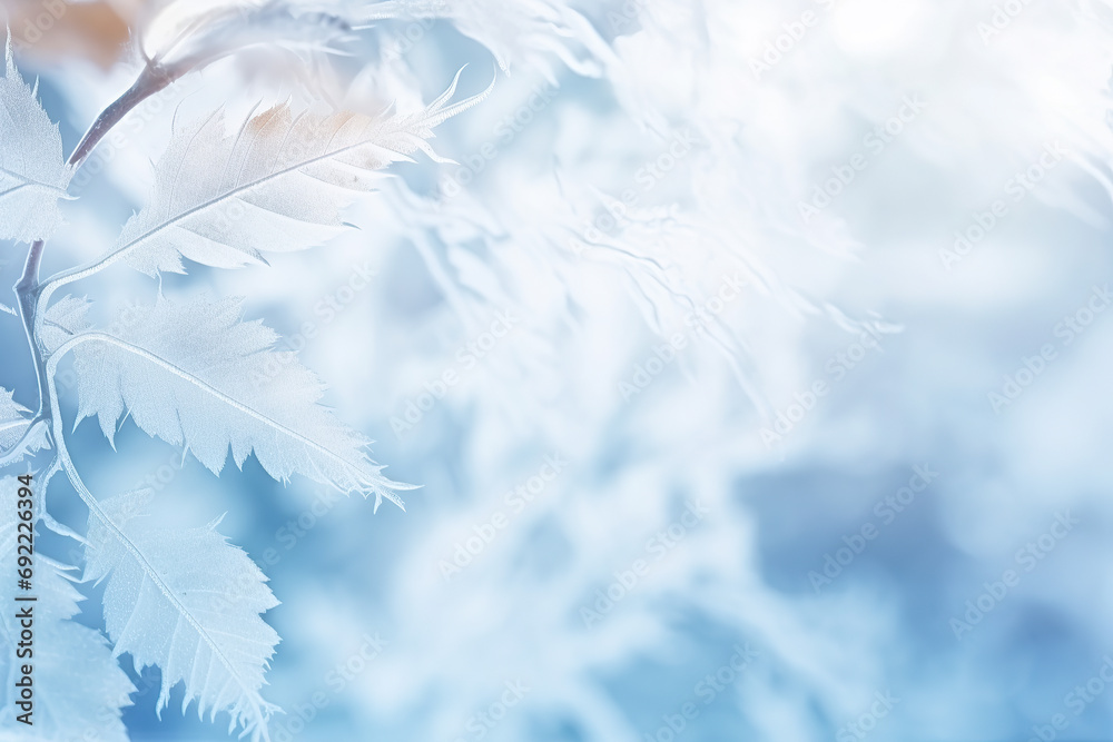 Fototapeta premium Frame of frozen leaves. Ice blue background. Cold winter theme.