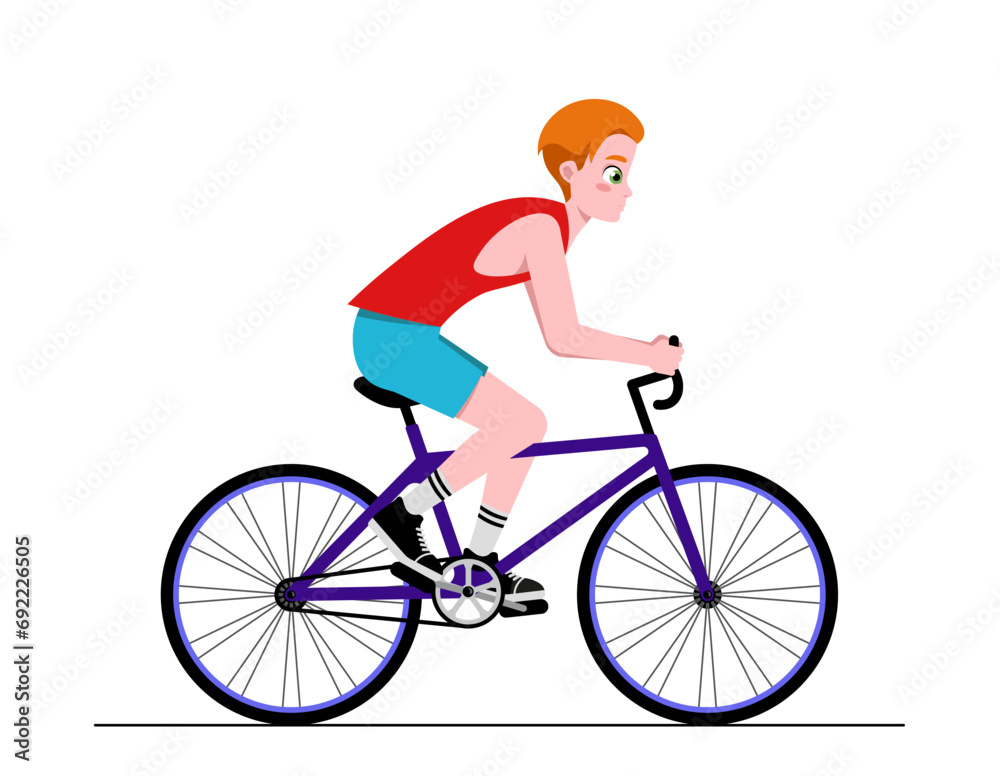 Person riding bicycle. Young smiling character in sportswear pedals and cycling on bike. Outdoor activity and healthy lifestyle. Cartoon flat vector illustration isolated on white background Person riding bicycle. Young smiling character in sportswear pedals and cycling on bike. Outdoor activity and healthy lifestyle. Cartoon flat vector illustration isolated on white background