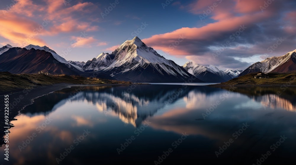 A panoramic view of the beautiful evening scenery of Bachalp Lake, with mountains dotted with snow. 