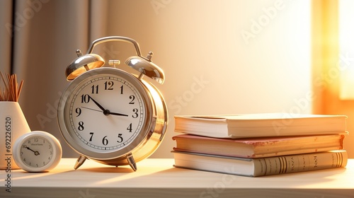 Gold alarm clock and book on table photo