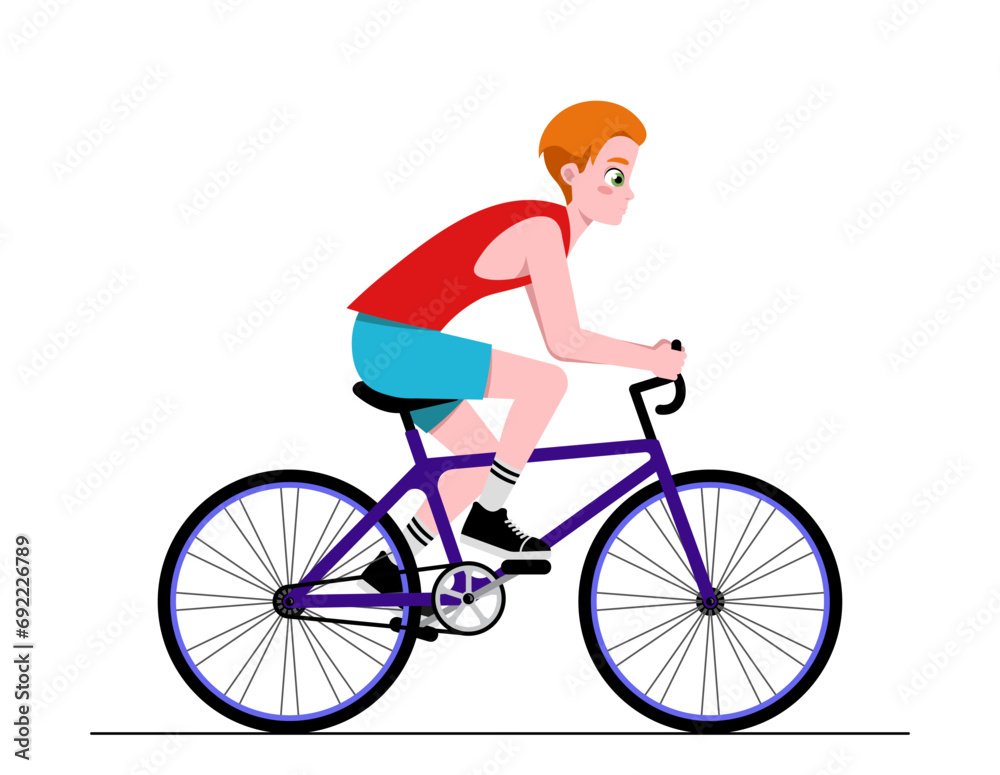 Person riding bicycle. Activity, healthy lifestyle and outdoor workout. Boy in sportswear cycling on bike. Design for animation. Cartoon flat vector illustration isolated on white background Person riding bicycle. Activity, healthy lifestyle and outdoor workout. Boy in sportswear cycling on bike. Design for animation. Cartoon flat vector illustration isolated on white background