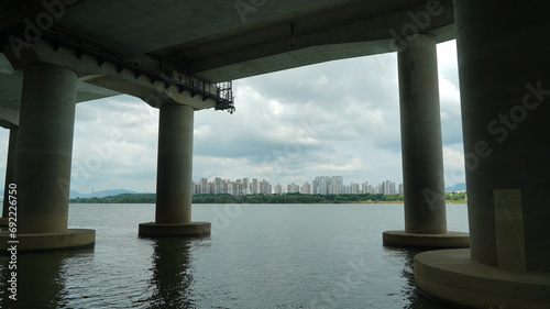 Cityscape seen from under the Han River Bridge in Seoul, Korea