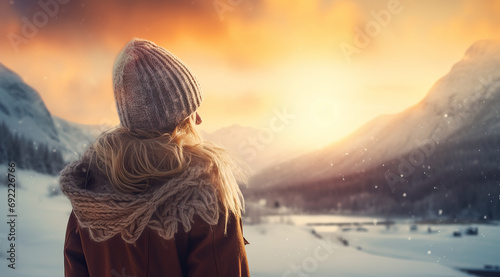 Amazing sunset landscape of mountains and lake. Woman in winter clothes enjoying the view. combination of warm and cold tones.