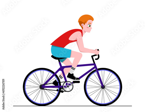 Person riding bicycle. Activity, healthy lifestyle and outdoor workout. Boy in sportswear cycling on bike. Design for animation. Cartoon flat vector illustration isolated on white background