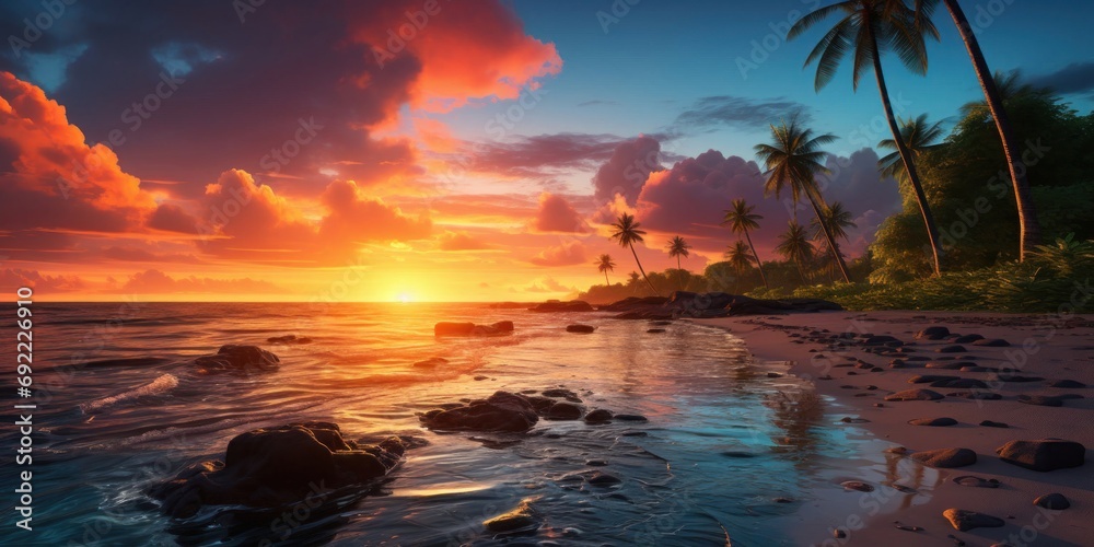 Tranquil Sunset Over a Tropical Beach Generative AI