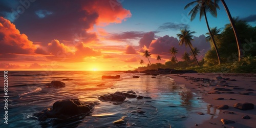 Tranquil Sunset Over a Tropical Beach Generative AI © Johnathan