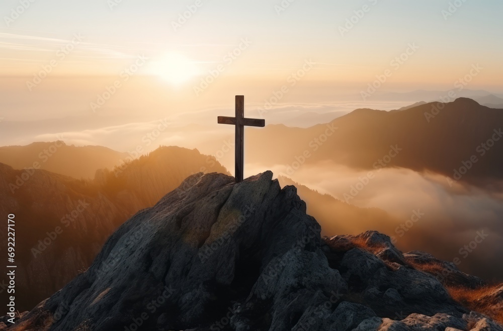 Serene cross silhouette against morning sky Serene cross silhouette against morning sky
