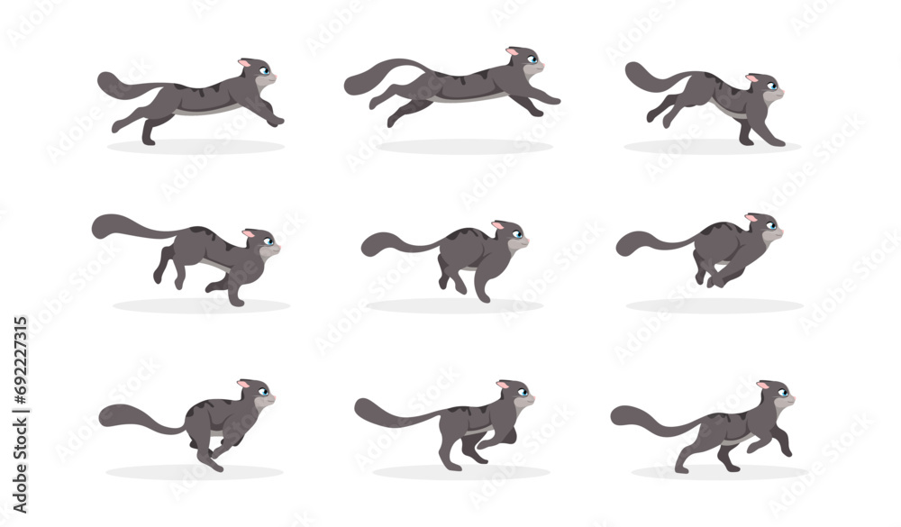 Cat Run cycle Animation frames. Sprites sheet for animating moving pet or kitten. Walking or rushing animal. Design for video clip. Cartoon flat vector illustration set isolated on white background Cat Run cycle Animation frames. Sprites sheet for animating moving pet or kitten. Walking or rushing animal. Design for video clip. Cartoon flat vector illustration set isolated on white background