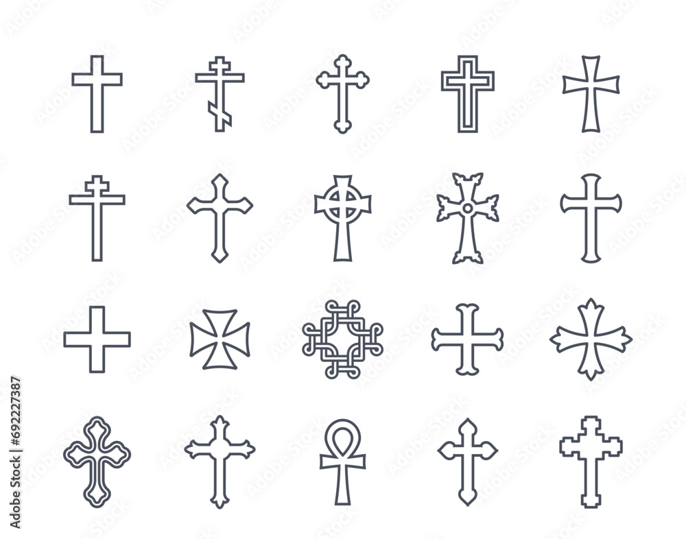 Cross linear icons set. Symbol of faith and religion. Christianity and Catholicism. Design elements for website or application. Outline flat vector collection isolated on white background