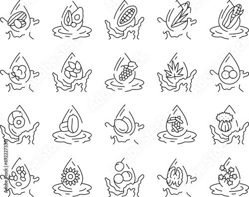 oil liquid yellow drop cooking icons set vector. food golden, bottle olive, gold organic, fuel water, splash beauty, abstract argan oil liquid yellow drop cooking black contour illustrations