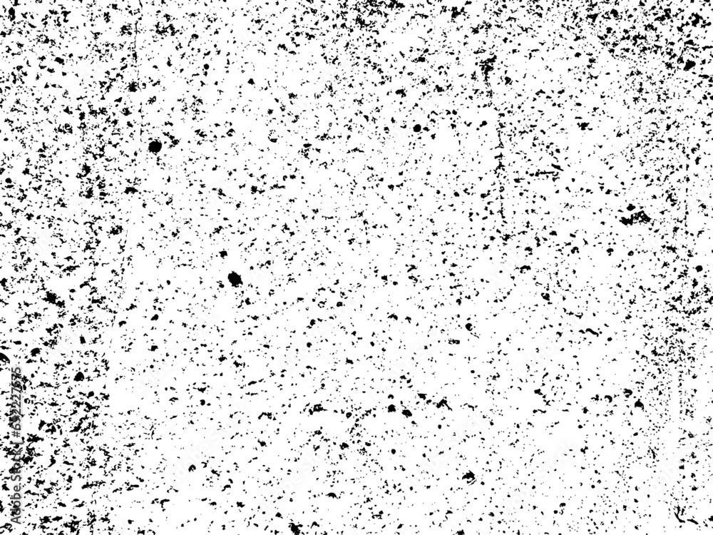 Distress black and white vector texture of a concrete wall with large and small grains. Vector illustration. Weathering effect cracks scratches scuffs dust natural grunge background stencil overlay
