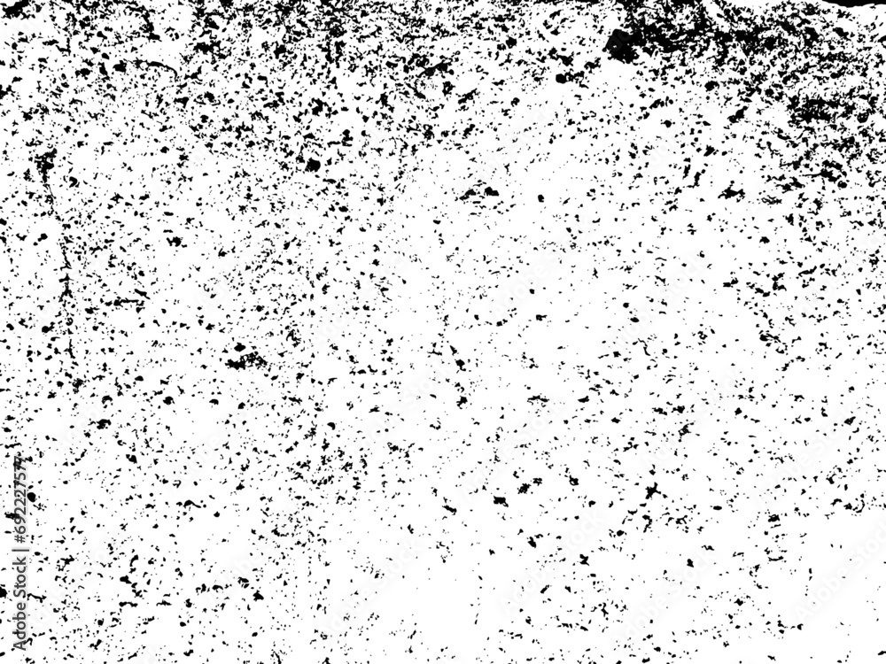 Distress black and white vector texture of a dirty concrete wall with large and small grains. Vector illustration. Weathering effect scratches scuffs dust natural grunge background stencil overlay
