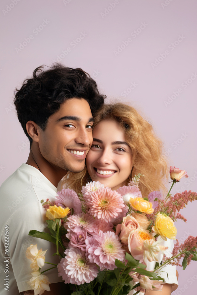 Adorable multi ethnic young couple embracing each other holding bouquet of flowers over pale pink studio background