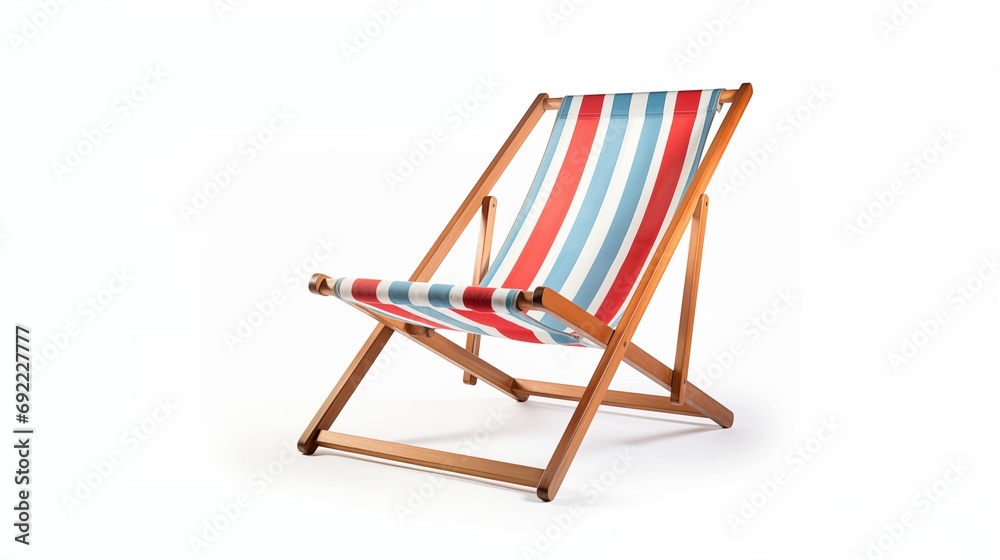 A wooden deck chair with a patriotic red, white, and blue striped fabric, perfect for relaxing outdoors.
