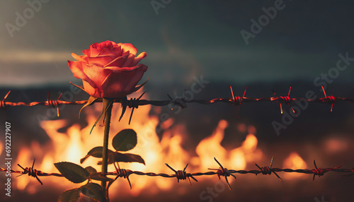 rose wrapped in barbed wire fence and the fire burning behind