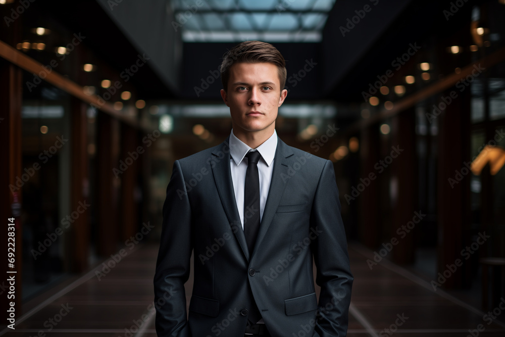 attractive young business man in jacket looks firmly at camera in the middle of the office attractive young business man in jacket looks firmly at camera in the middle of the office