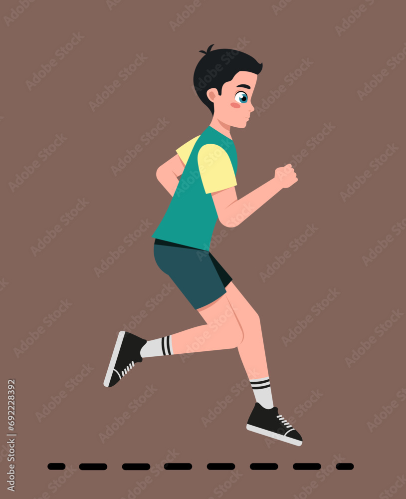 Running teenage boy. Poster of boy jogging outdoors. Athlete character does physical exercise and leads active lifestyle. Guy doing cardio workout. Cartoon flat vector illustration