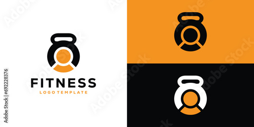 Simple Fitness Logo Design. Kettlebell and Person Combination Concept with Modern Minimalist Style. Creative Fitness Icon Symbol Logo Design Template.