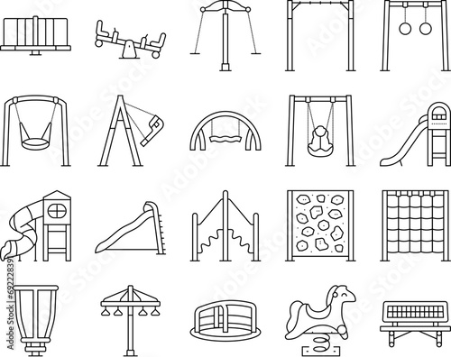 playground park outdoor play icons set vector. swing kindergarten, slide fun, equipment game, childhood summer, child leisure kid playground park outdoor play black contour illustrations