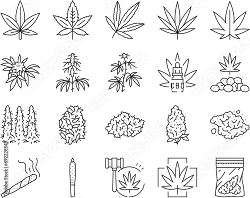 cannabis plant leaf weed hemp icons set vector. marijuana drug, medical, medicine natural, nature herb, smoke health, organic green cannabis plant leaf weed hemp black contour illustrations
