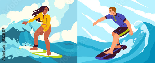 People surfing concept. Happy man and woman ride on big sea or oceanic waves on surfboards. Active lifestyle and extreme sports. Vacation in tropical countries. Cartoon flat vector illustration