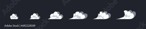 Smoke burst explosion animation. Sequence of air flow, explosion, splash or moving cloud. Sprites for animation frame by frame. Cartoon flat vector illustration set isolated on dark background