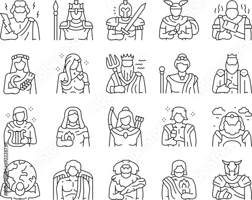 greek god mythology ancient icons set vector. goddess art, antique poseidon, gods zeus, greece dionysus, aphrodite athena, apollo greek god mythology ancient black contour illustrations