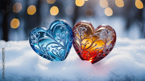 Two glowing hearts made of fused glass or intricate crystals on snow, Valentine's day concept