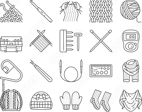 knitting wool thread knit craft icons set vector. textile fabric, yarn handmade, crochet sweater, knitwear fashion, warm cloth cotton knitting wool thread knit craft black contour illustrations