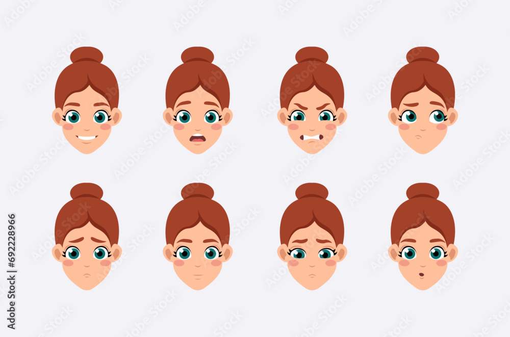 Set of Character Constructor for Animation. Face of happy, upset, pensive, angry and tired female teacher. Woman avatar expresses emotions. Cartoon flat vector illustrations isolated on background Set of Character Constructor for Animation. Face of happy, upset, pensive, angry and tired female teacher. Woman avatar expresses emotions. Cartoon flat vector illustrations isolated on background