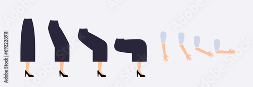 Set of Character Constructor for Animation. Arms and legs of female teacher bent at joints. Limbs at different moment of motion. Cartoon flat vector illustrations isolated on white background