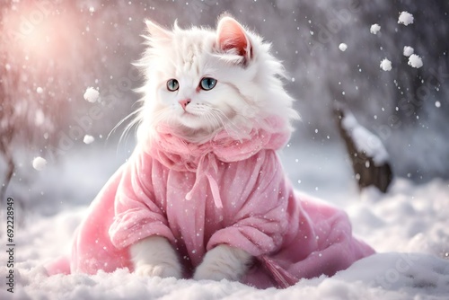 Fototapeta single white cute kitty wear a pink dress and pink hair bain with snowfall backg
