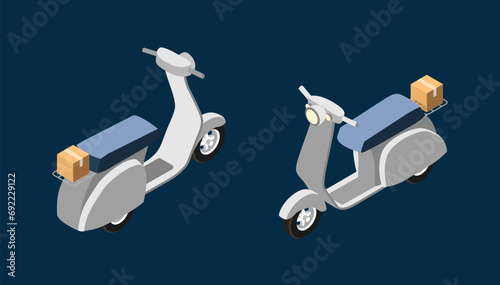 Set of logistics vehicles. 3D icon and stickers with motorcycle or moped for delivering boxes with orders or parcels. Courier transport. Cartoon isometric vector collection isolated on blue background