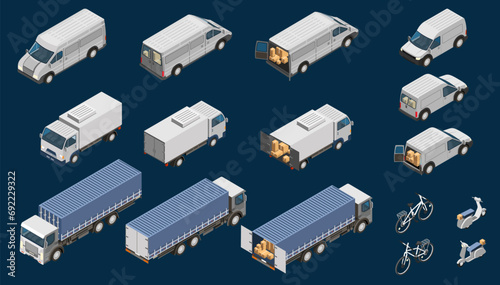 Set of different logistics vehicles. Icons with truck, small van, minivan, motorbike and bicycle for delivering parcels or cargo. Cartoon isometric vector collection isolated on blue background