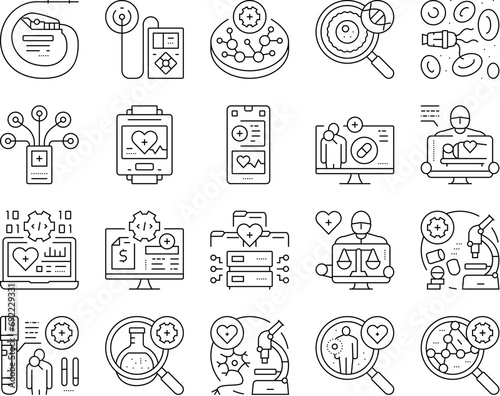 biomedical medical science icons set vector. technology research, medicine laboratory, biotechnology scientist, lab biology, test biomedical medical science black contour illustrations