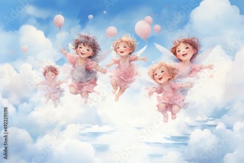 Watercolor painting of winged cherubs floating in a sky filled with hearts and soft clouds.