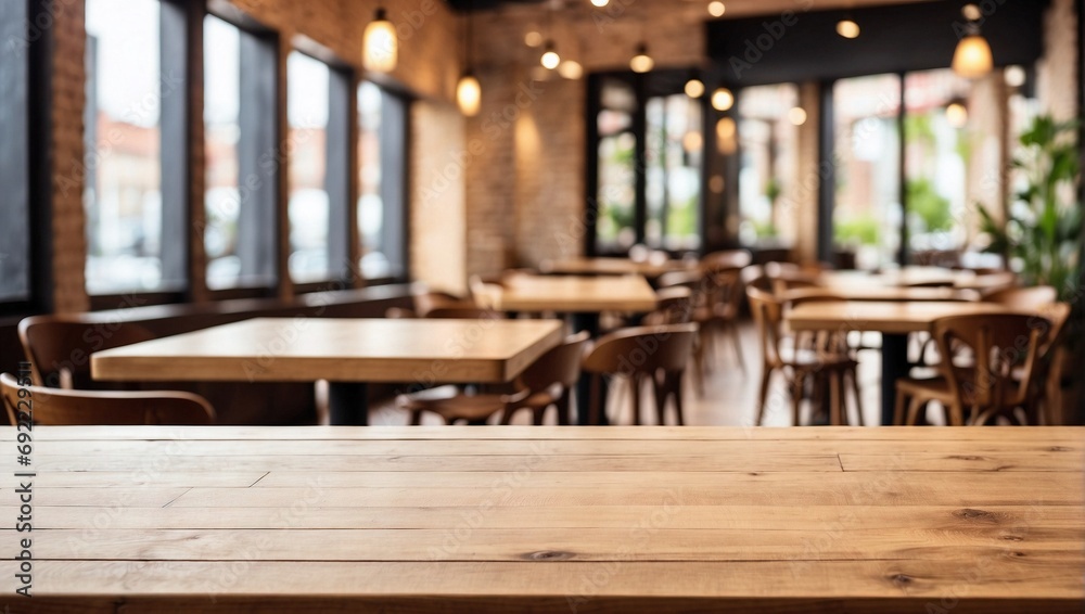 Empty Wooden Table for Product Presentation with Cafe, Restaurant Background	