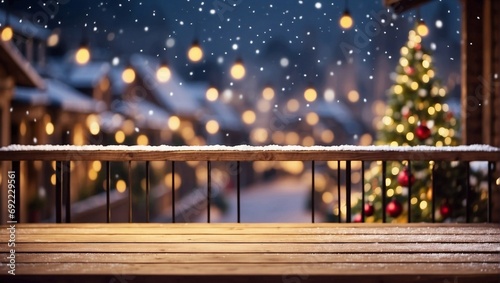 Empty Wooden Table on Balcony with Light Snowfall, Decorated Lights and Bokeh Effect for Street Christmas, Finds Background, Presentation Space for Product