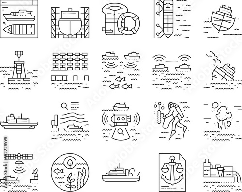 marine engineer boat mechanic icons set vector. industry nautical, ship shipping, vessel engine, machinery maritime, male worker marineengineer boat mechanic black contour illustrations