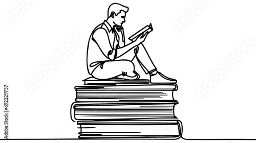 Single one line drawing man sitting on pile of large books. Read textbook. Read scientific journal.