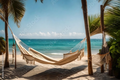 Capture the essence of coastal tranquility in an image showcasing an entryway framed by gently swaying hammocks, inviting guests to relax by the sea © ANAS